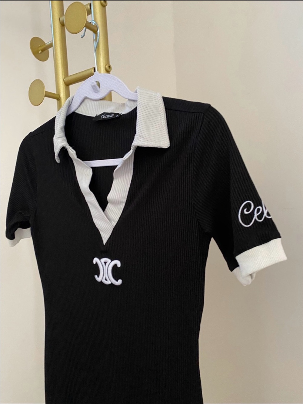 Black Polo-Style Short Sleeve Dress with White Trim - Picture 2 of 4